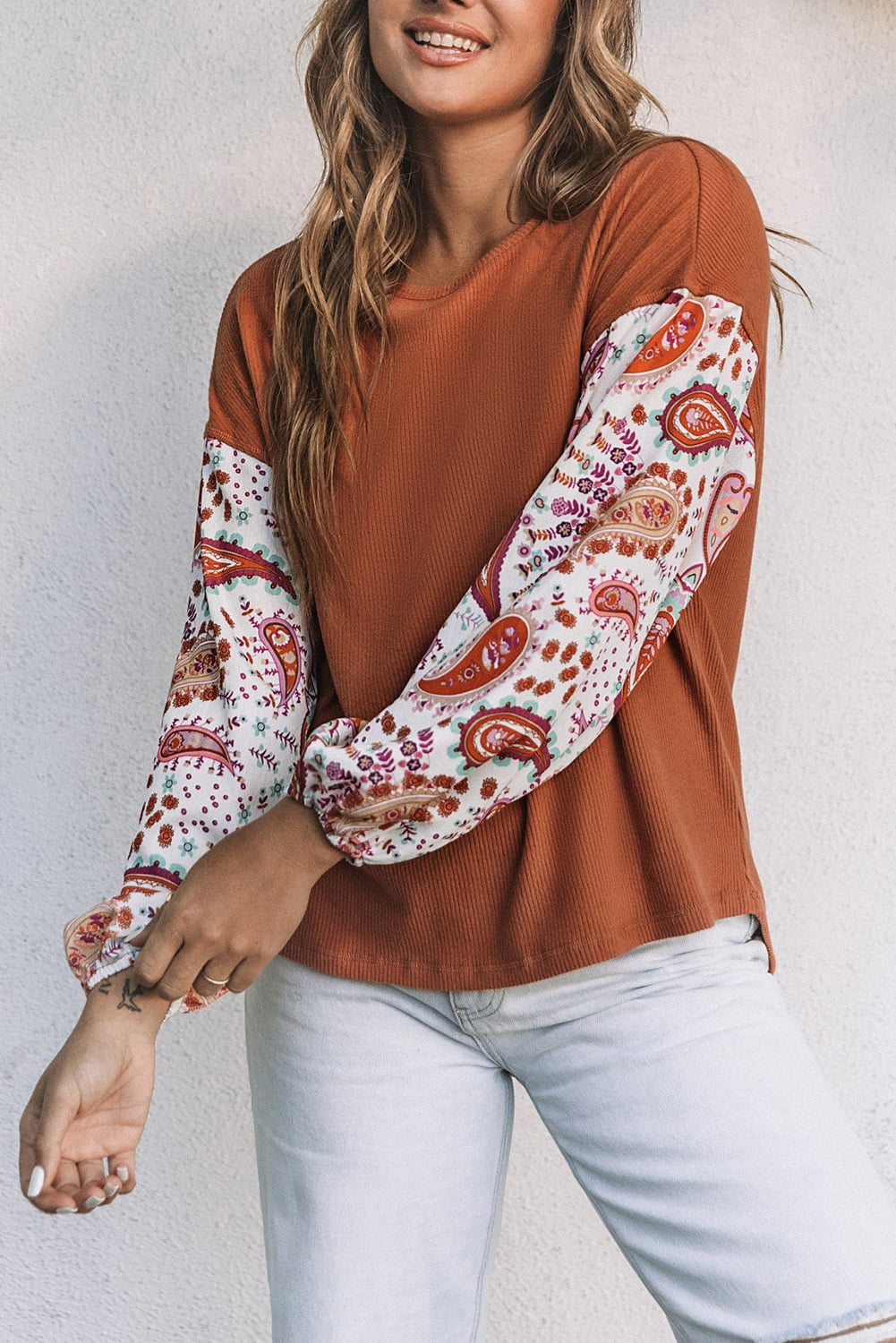 Round Neck Printed Dropped Shoulder Blouse Caramel