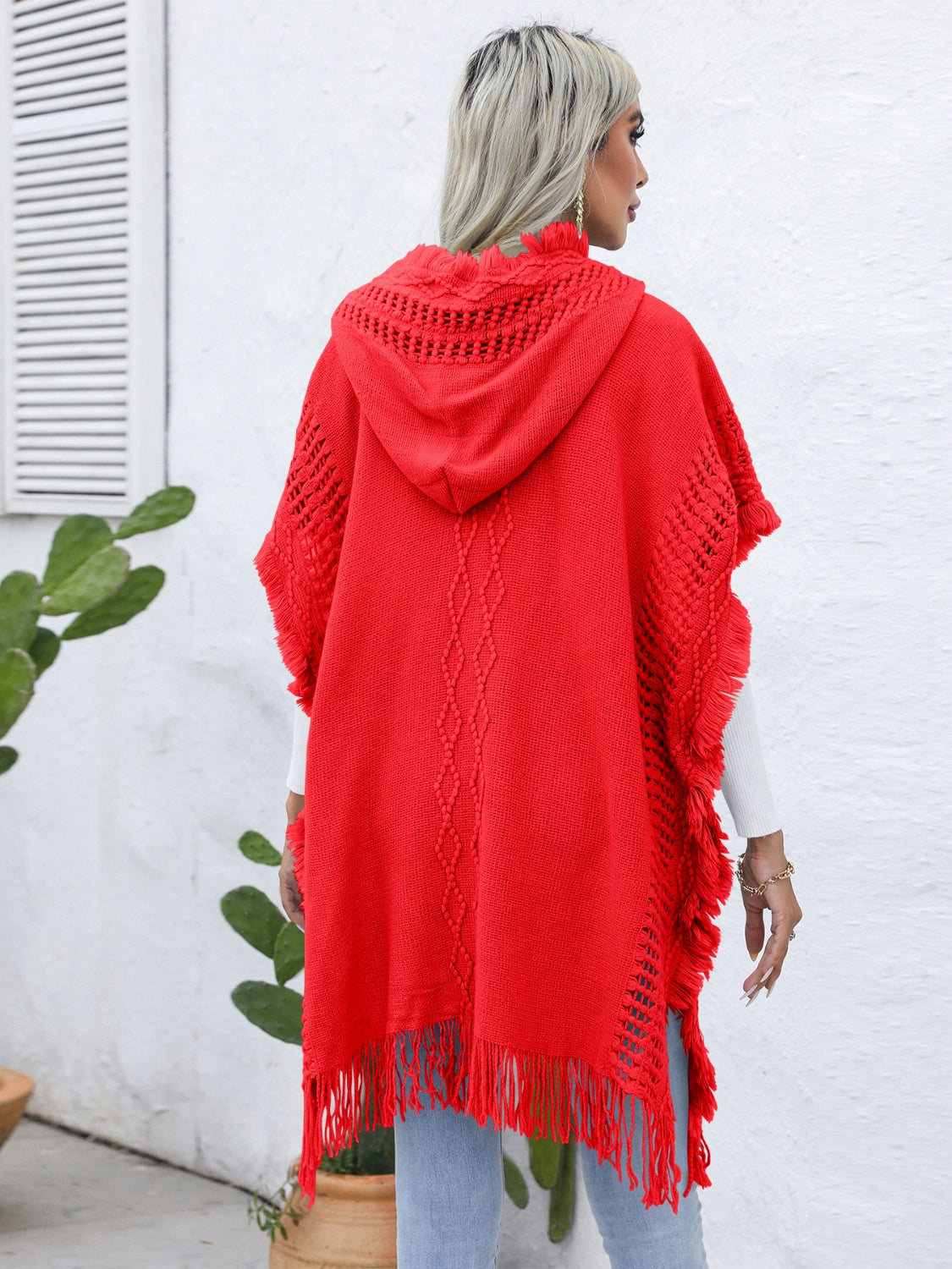 Fringe Trim Buttoned Hooded Poncho - Thandynie