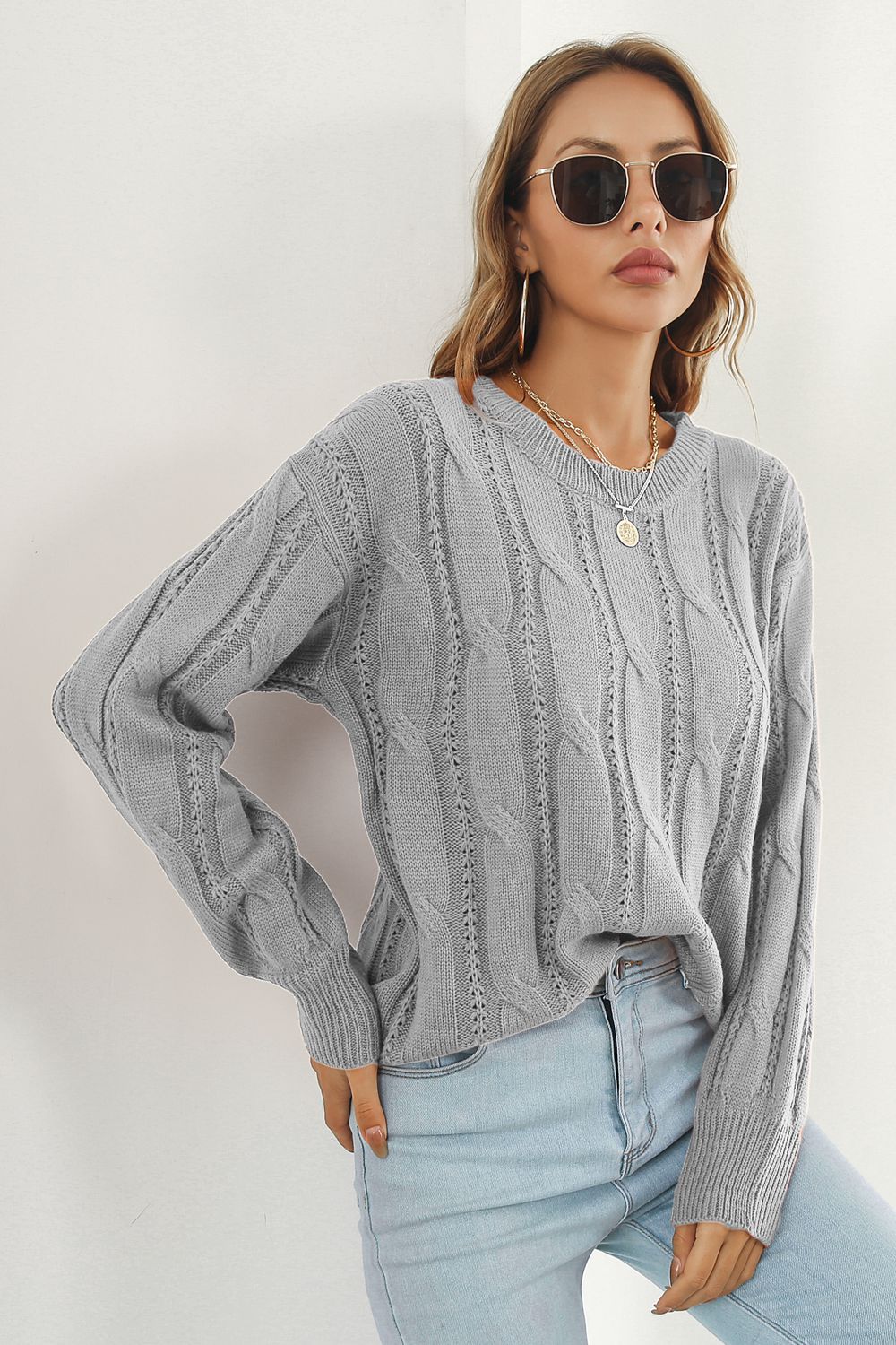 Round Neck Long Sleeve Sweater Dark Gray