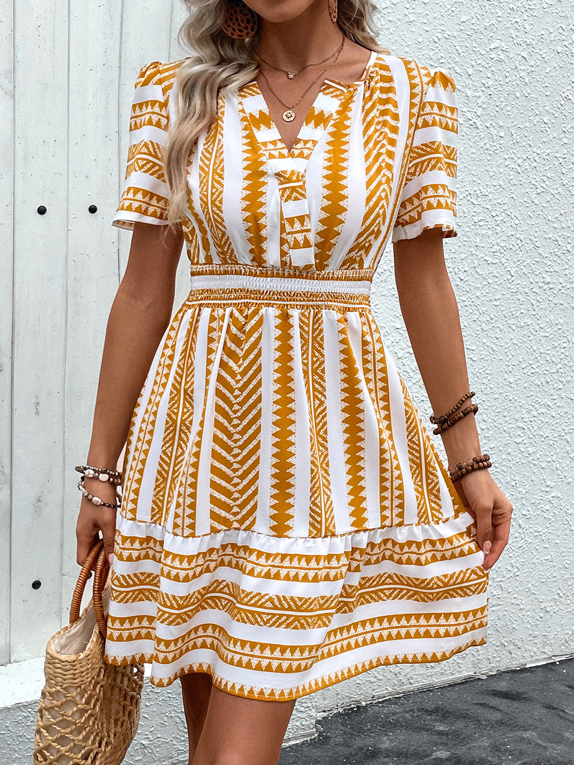 Geometric Notched Short Sleeve Mini Dress Mustard