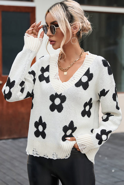 Flower Distressed V-Neck Dropped Shoulder Sweater