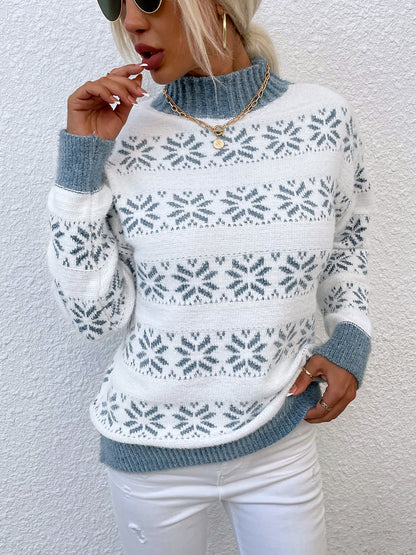 Snowflake Pattern Mock Neck Sweater Misty Blue