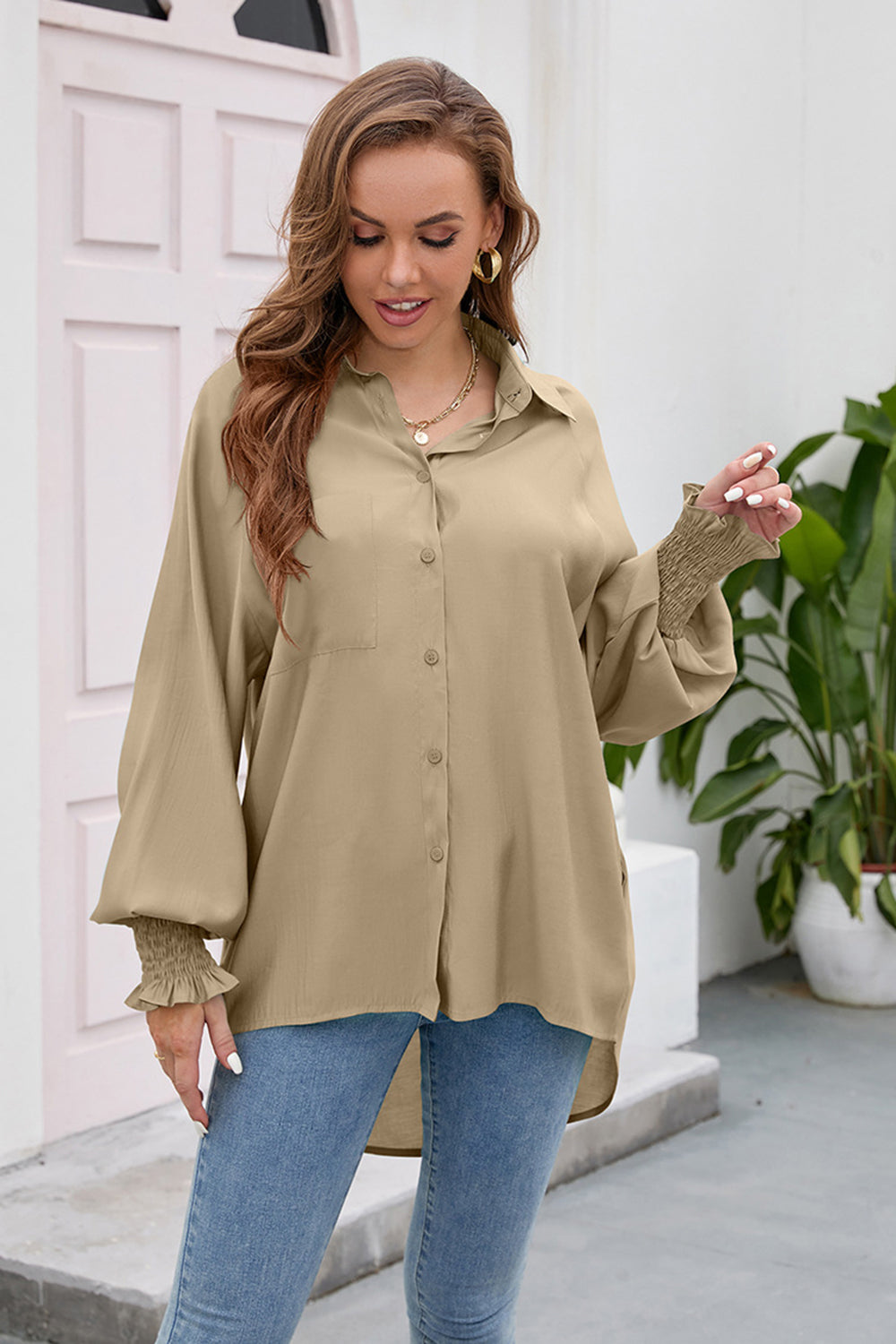 High-Low Collared Neck Lantern Sleeve Shirt Tan