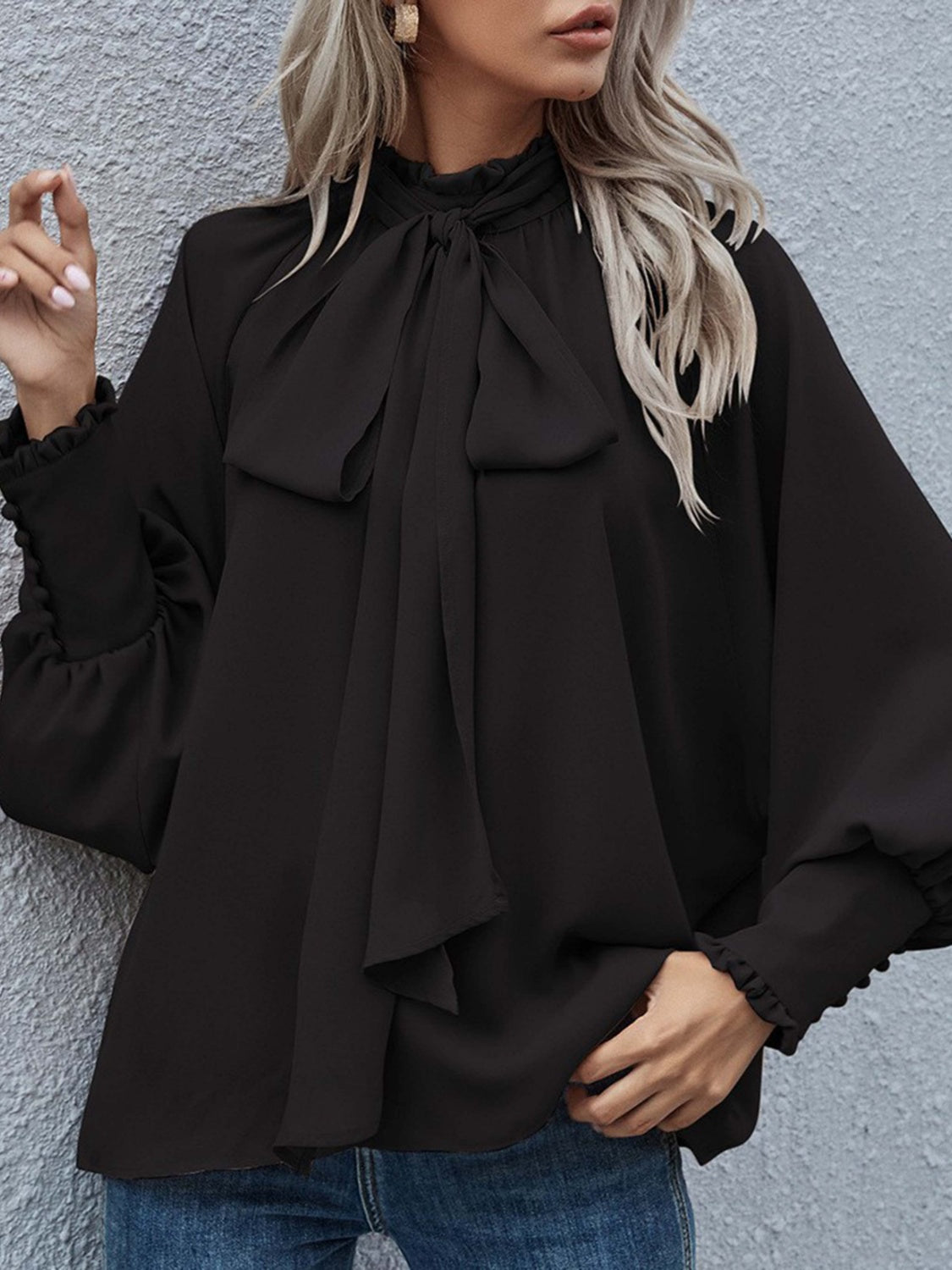 Tie Neck Lantern Sleeve Blouse Black