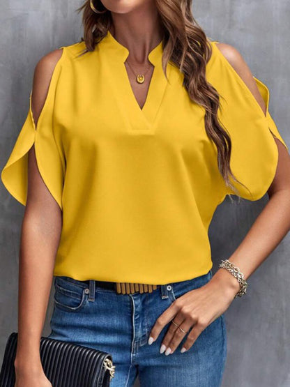 Notched Cold Shoulder Half Sleeve Blouse Gold