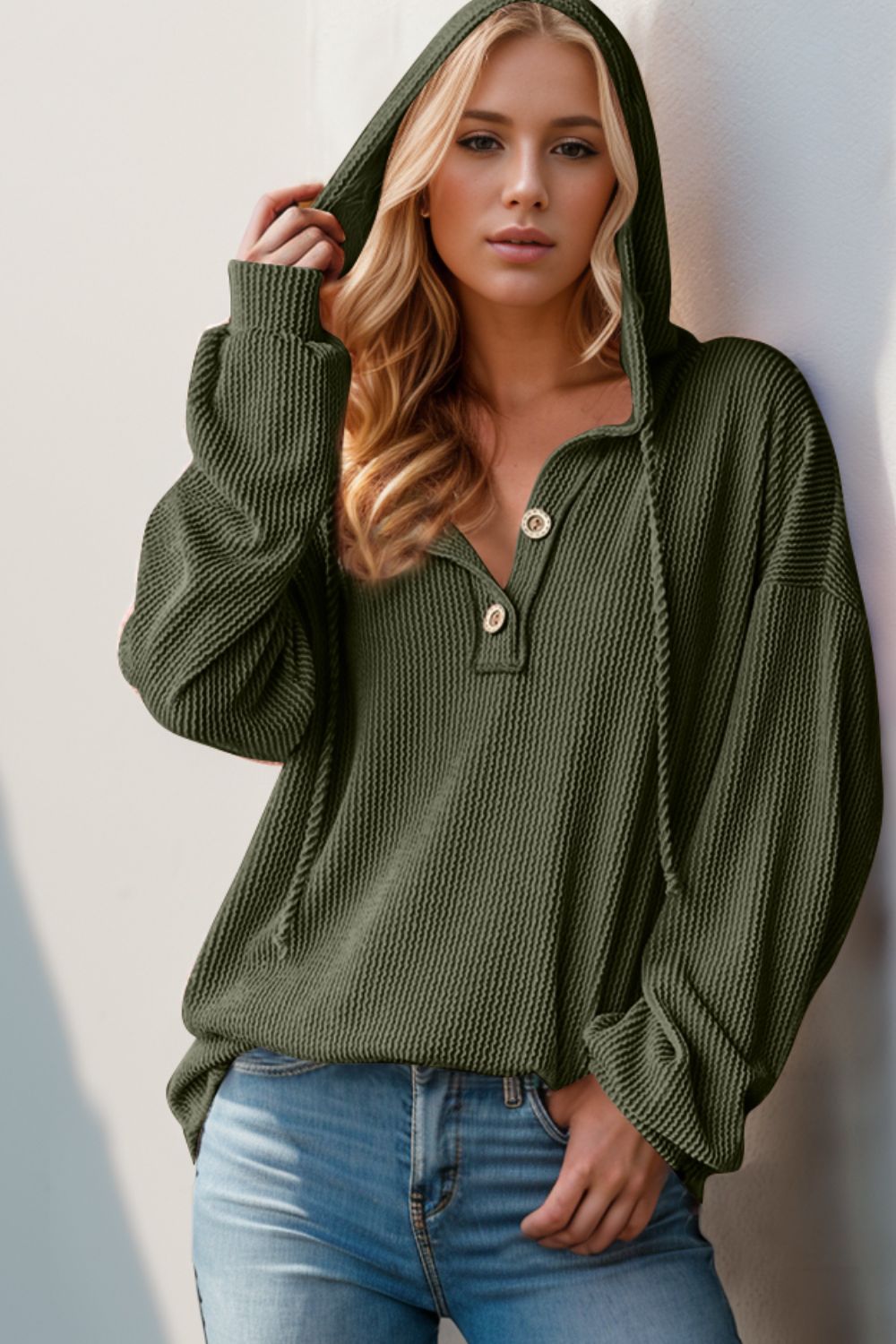 Double Take Full Size Half Button Long Sleeve Hoodie Moss