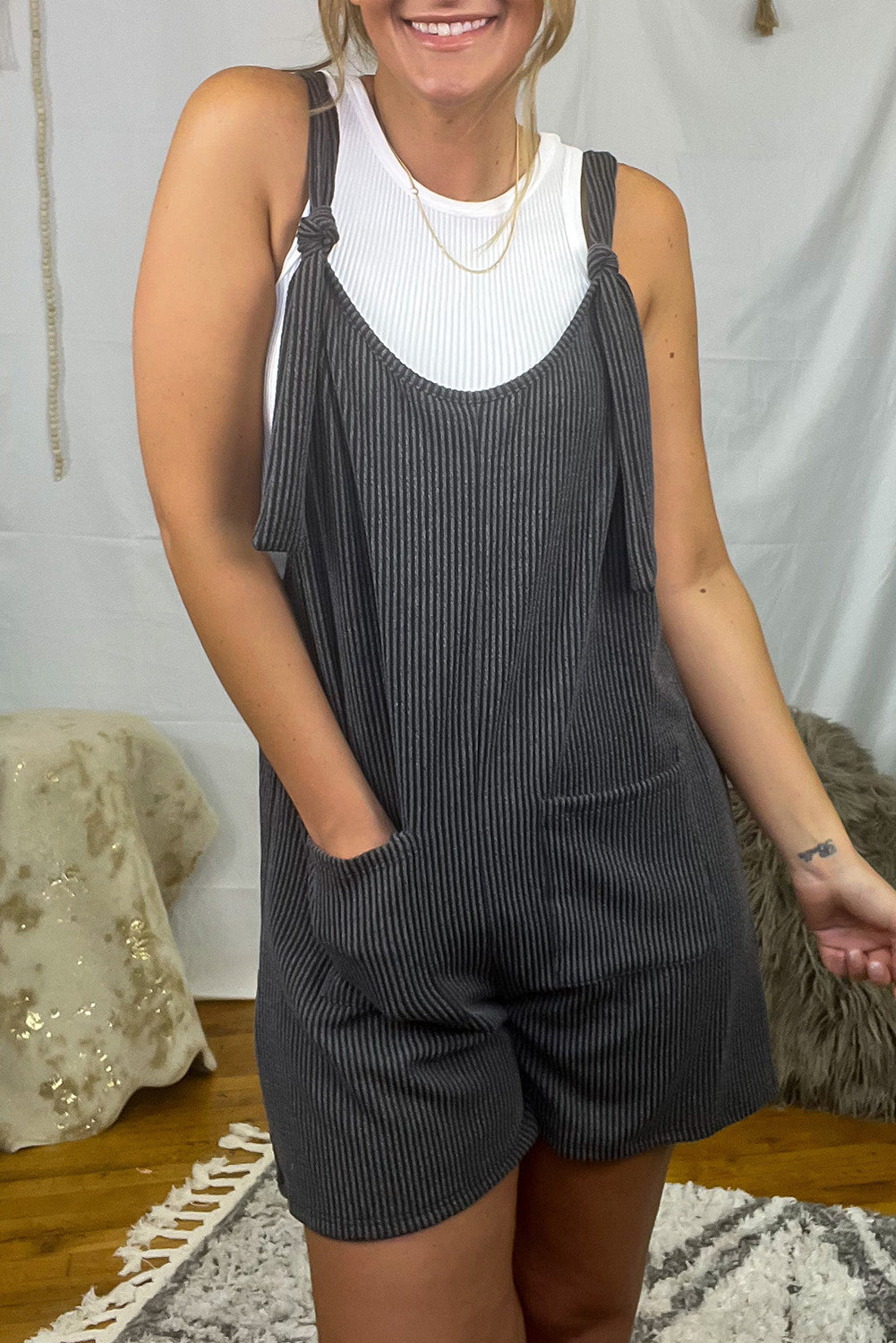 Dark Grey Striped Print Knotted Straps Pocketed Romper Dark Grey 75%Polyester+20%Viscose+5%Elastane