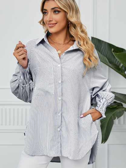 Striped Button Up Smocked Long Sleeve Shirt