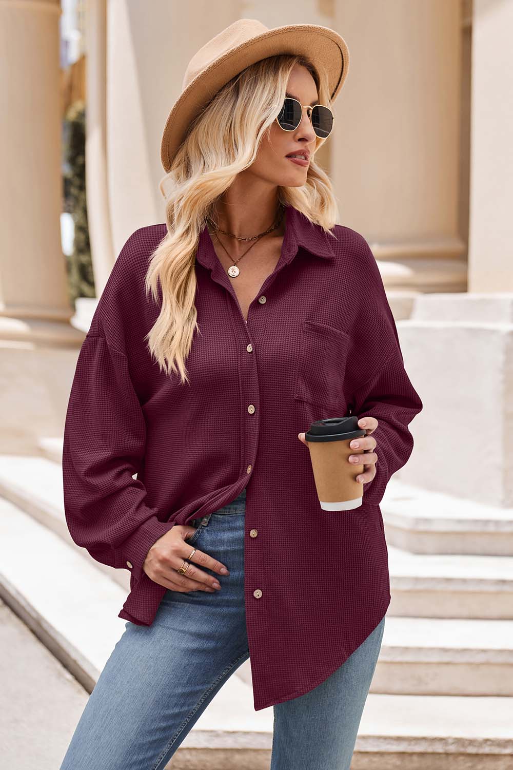 Collared Neck Dropped Shoulder Shirt Burgundy