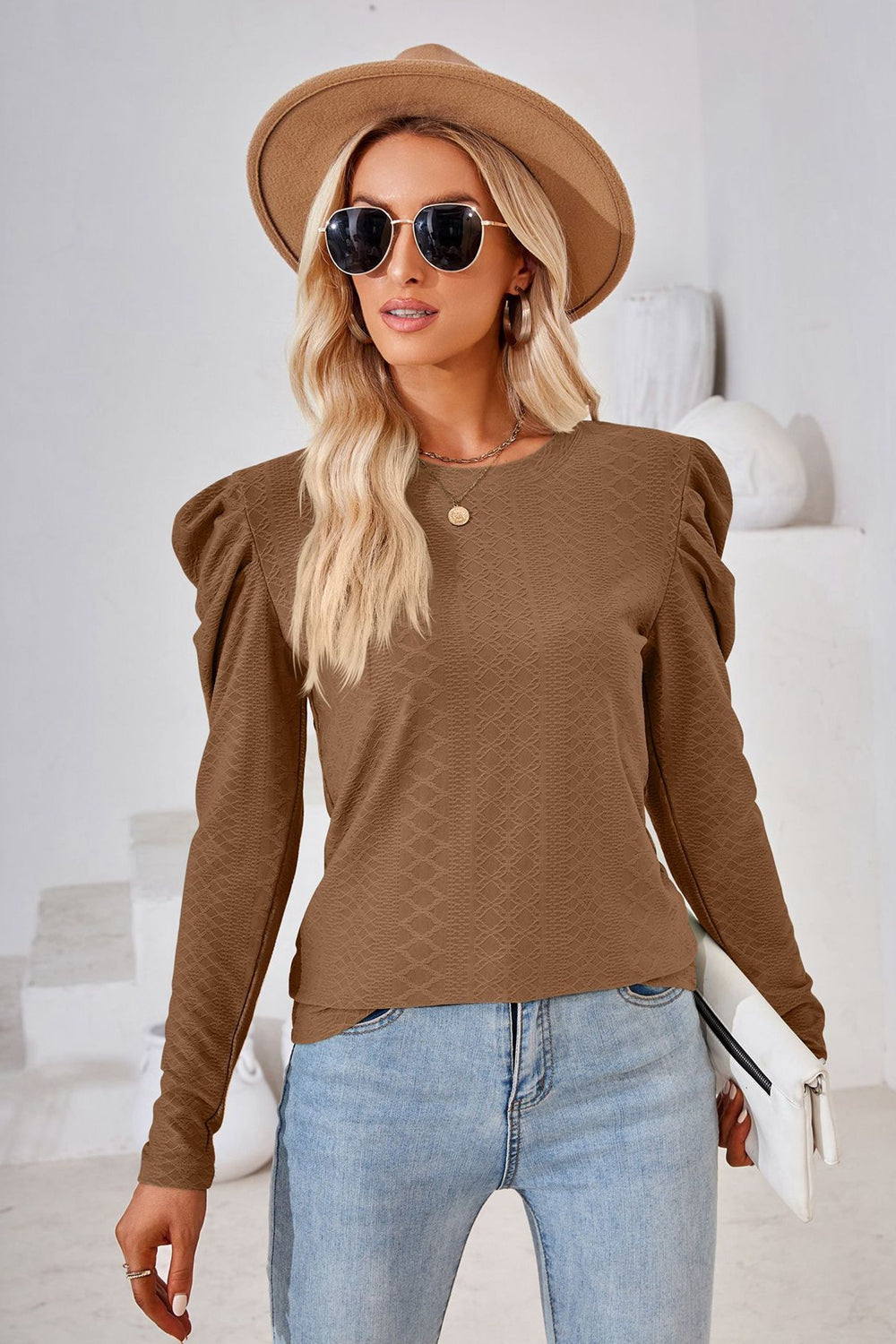 Round Neck Puff Sleeve Blouse Mocha