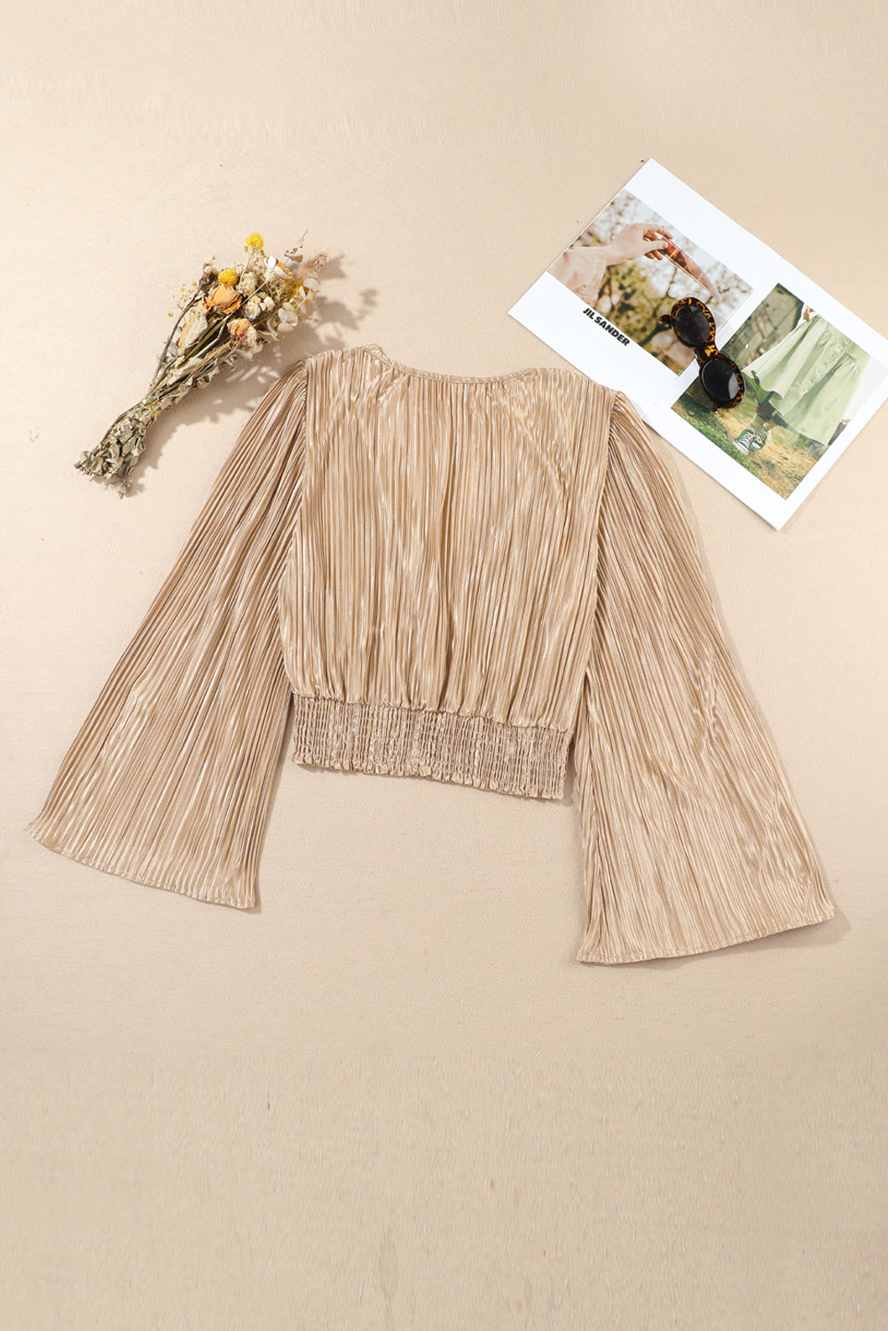 Camel Pleated Bell Sleeve Twist V Neck Cropped Blouse