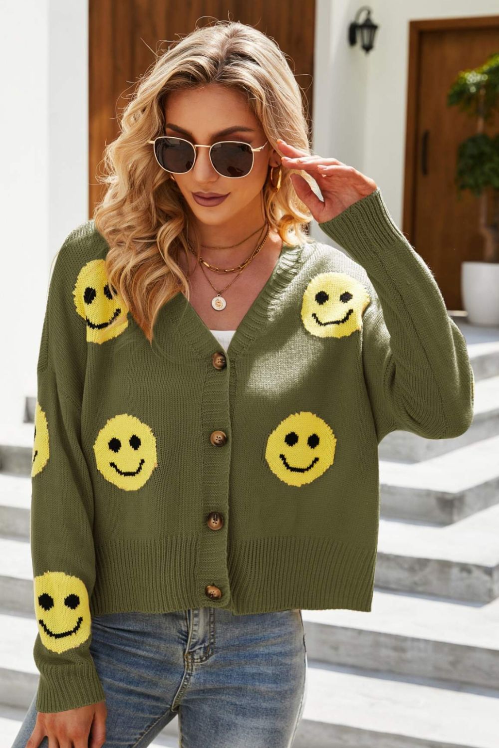 Smiley Face Ribbed Trim V-Neck Cardigan Green