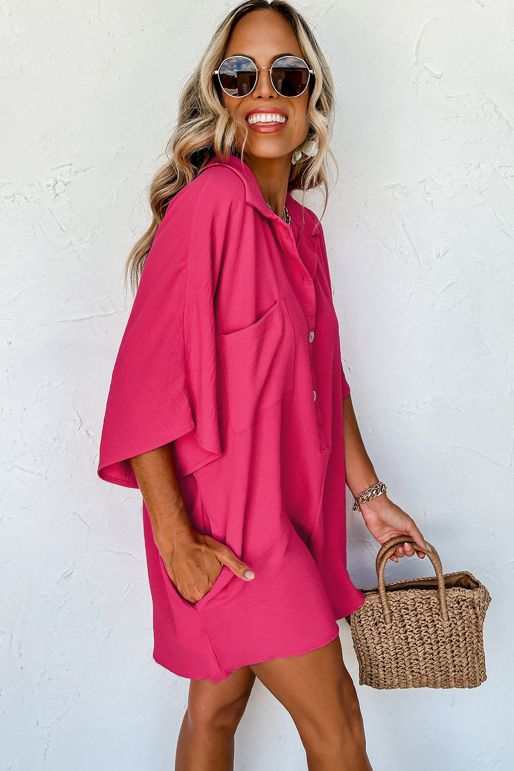 Bright Pink Half Button Collared Loose Romper