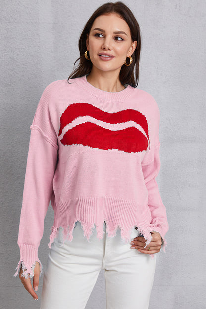 Lip Fringe Round Neck Sweater Blush Pink