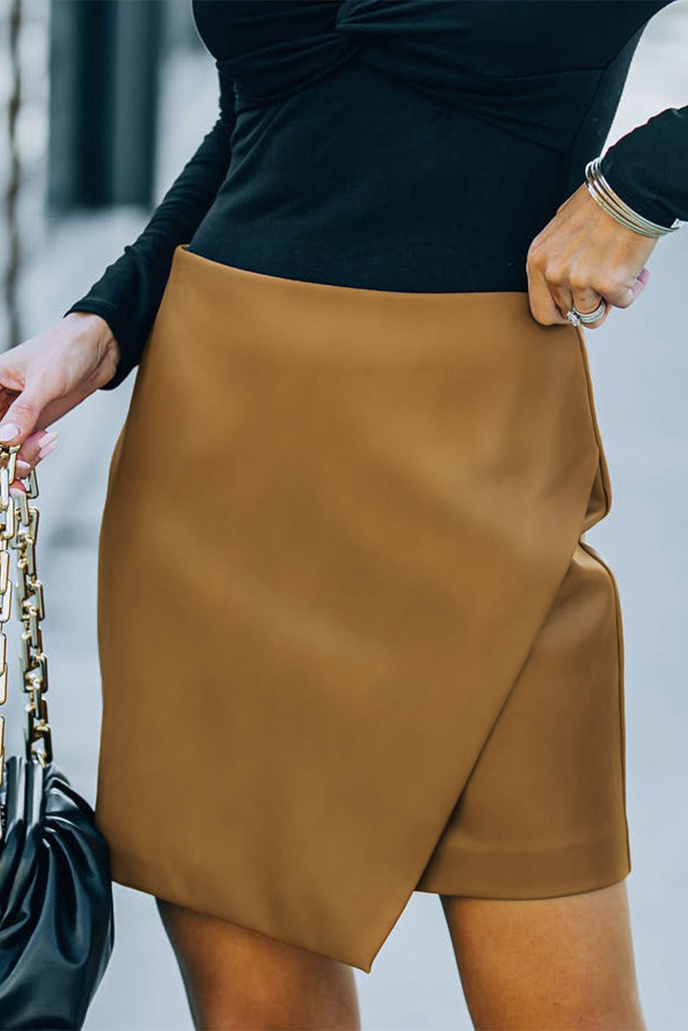 Double Take Asymmetrical PU Leather Mini Skirt Brown