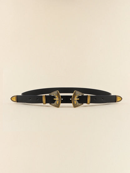 Double Buckle PU Leather Belt Gold Belt One Size