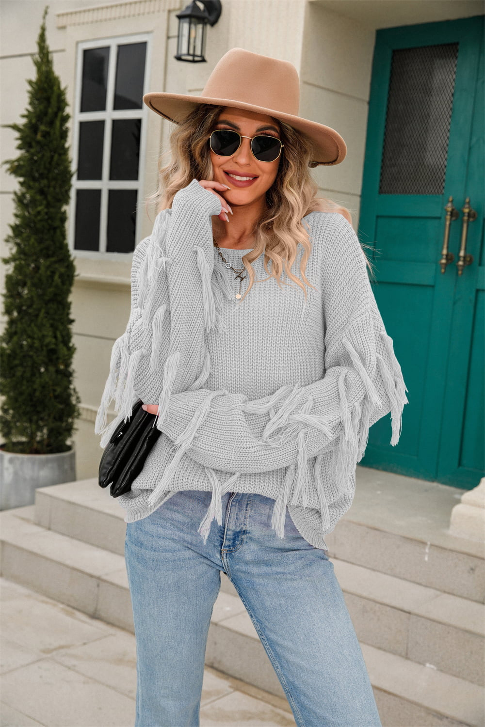 Ribbed Round Neck Fringe Detail Sweater Light Gray