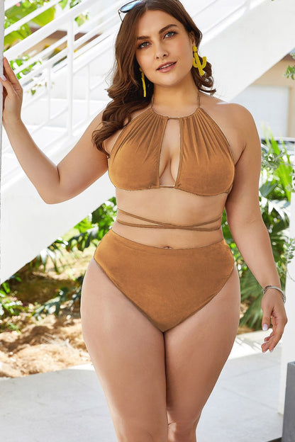 Plus Size Cutout Tied Backless Bikini Set Yellow