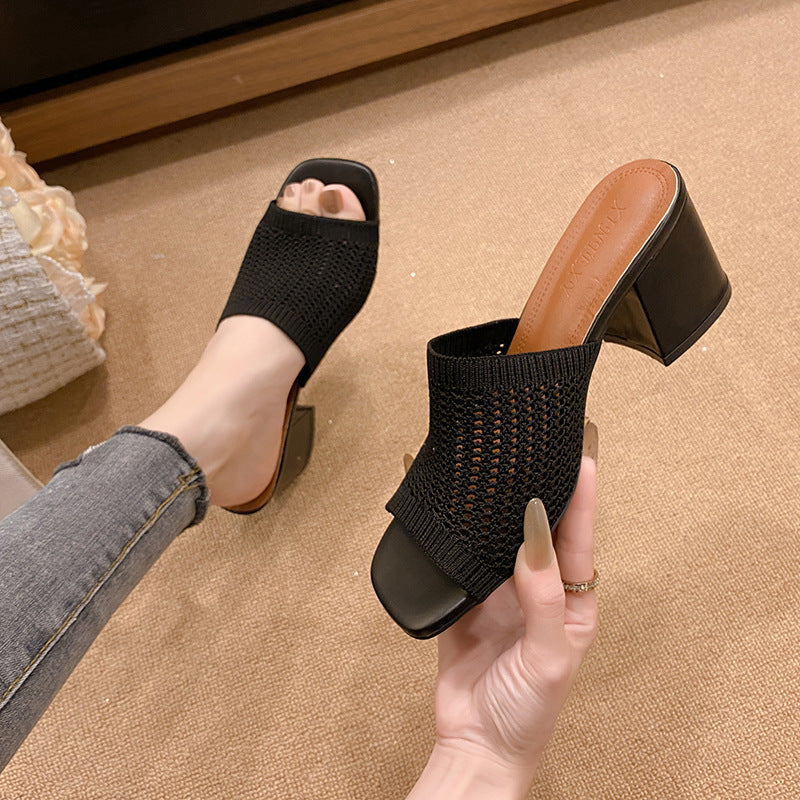 Block Heel Knit Sandals Black