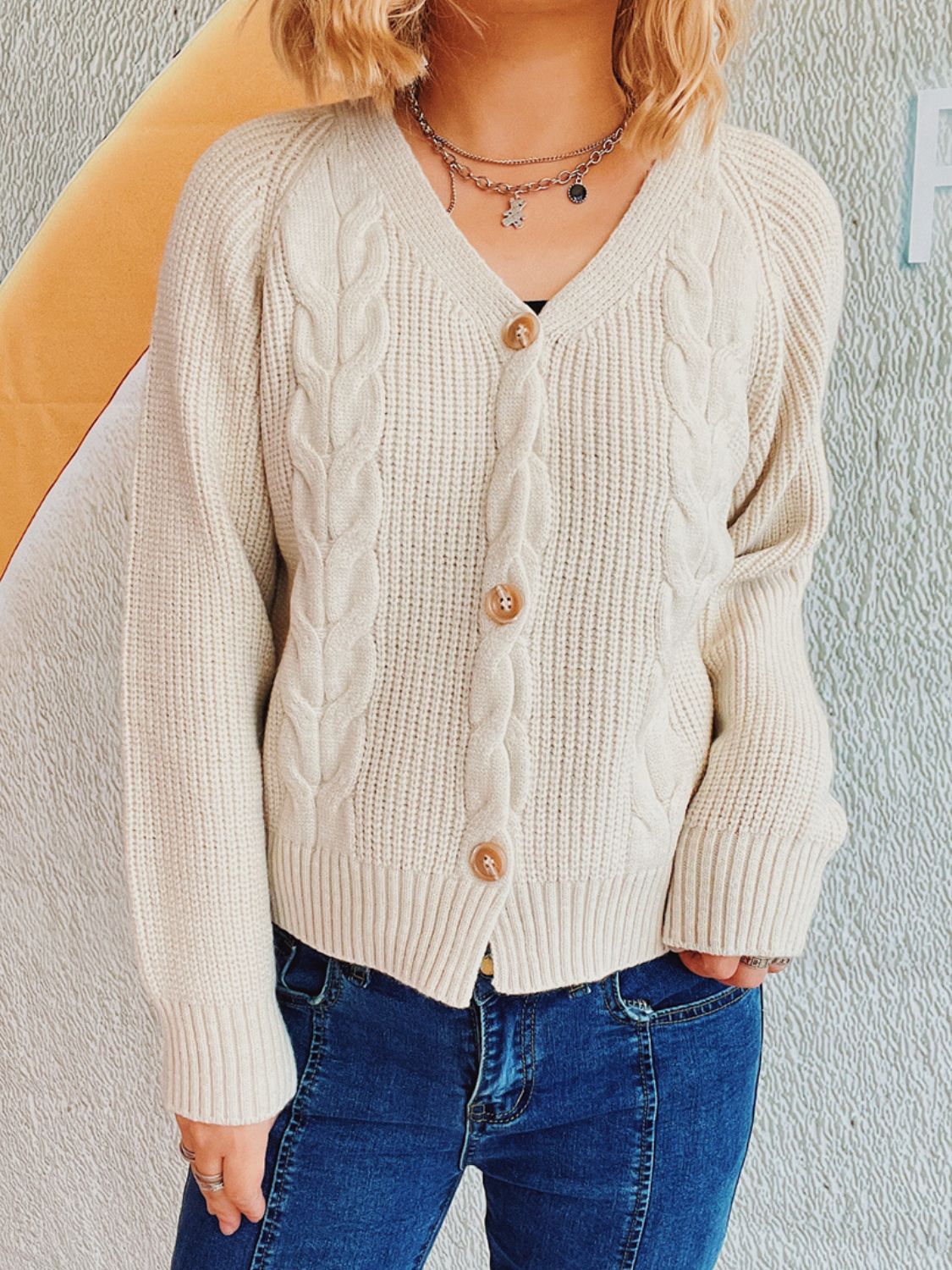 Cable-Knit V-Neck Button Down Long Sleeve Cardigan Beige One Size