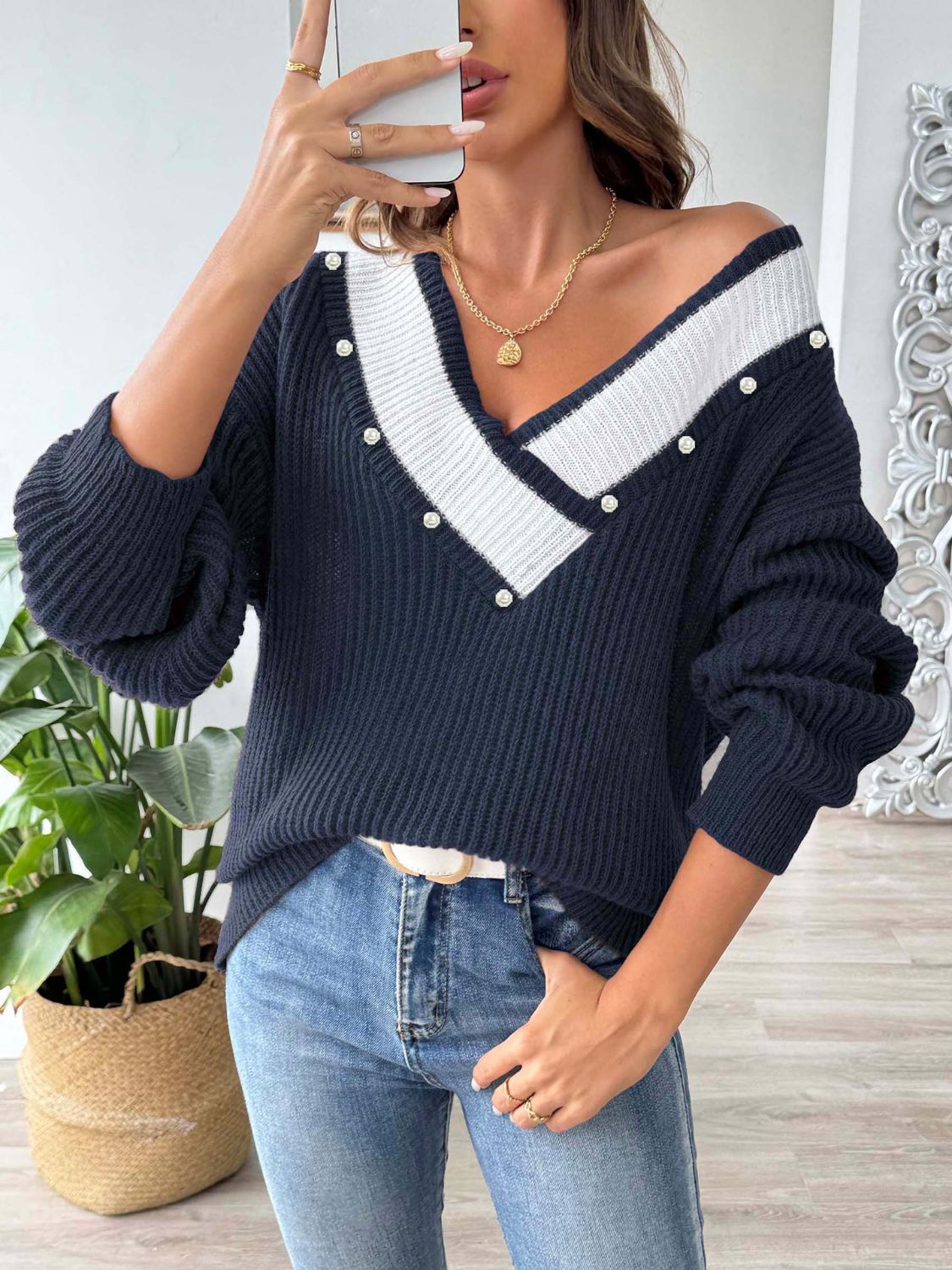 Contrast Trim Dropped Shoulder Long Sleeve Sweater Dark Blue One Size