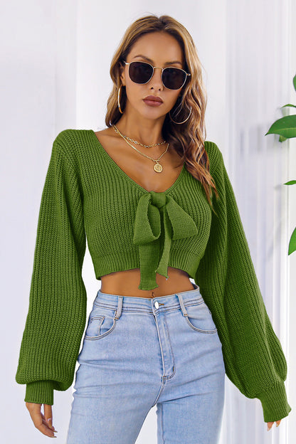 Bow V-Neck Long Sleeve Cropped Sweater Green