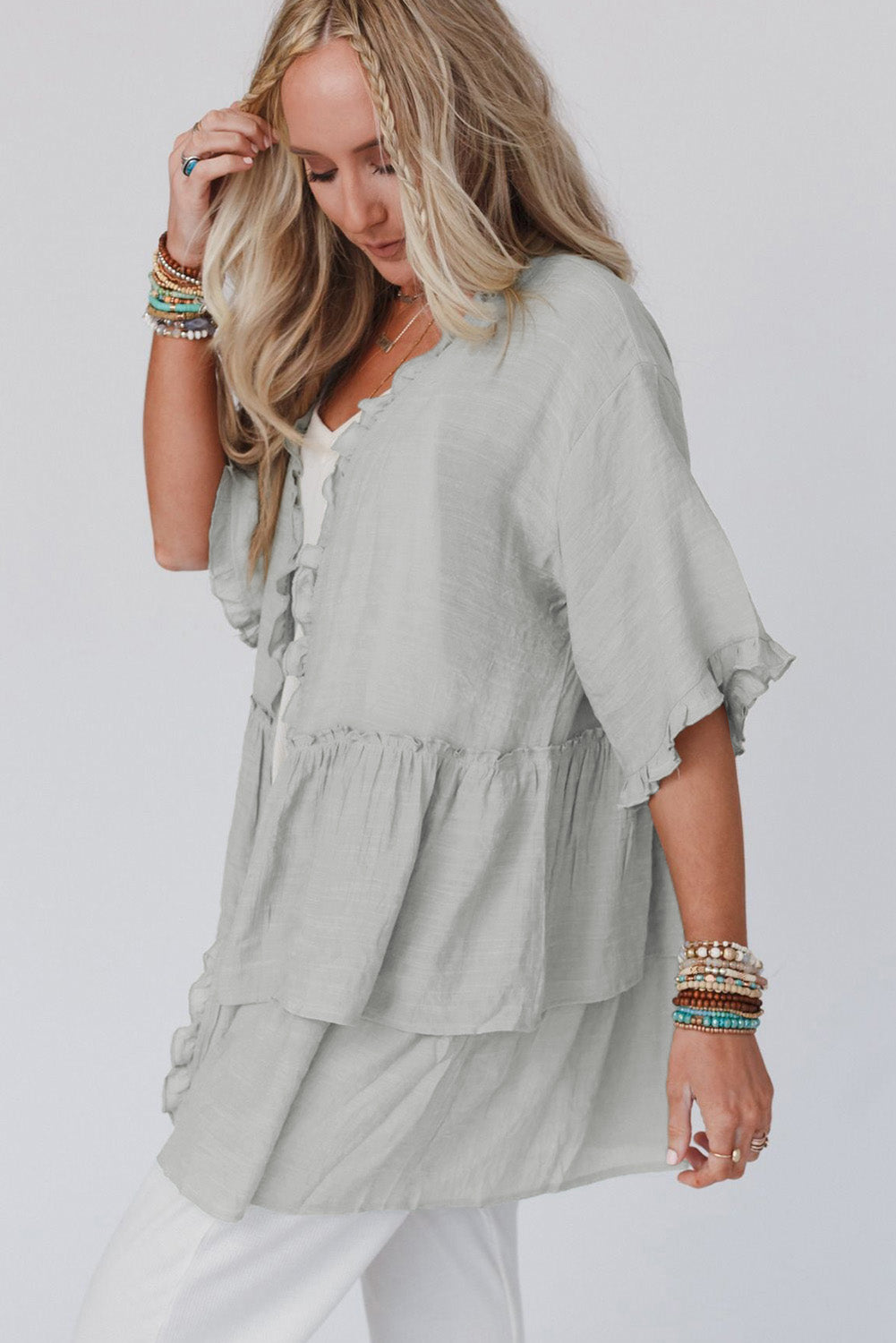 Gray Ruffled Trim Half Sleeve Open Front Kimono