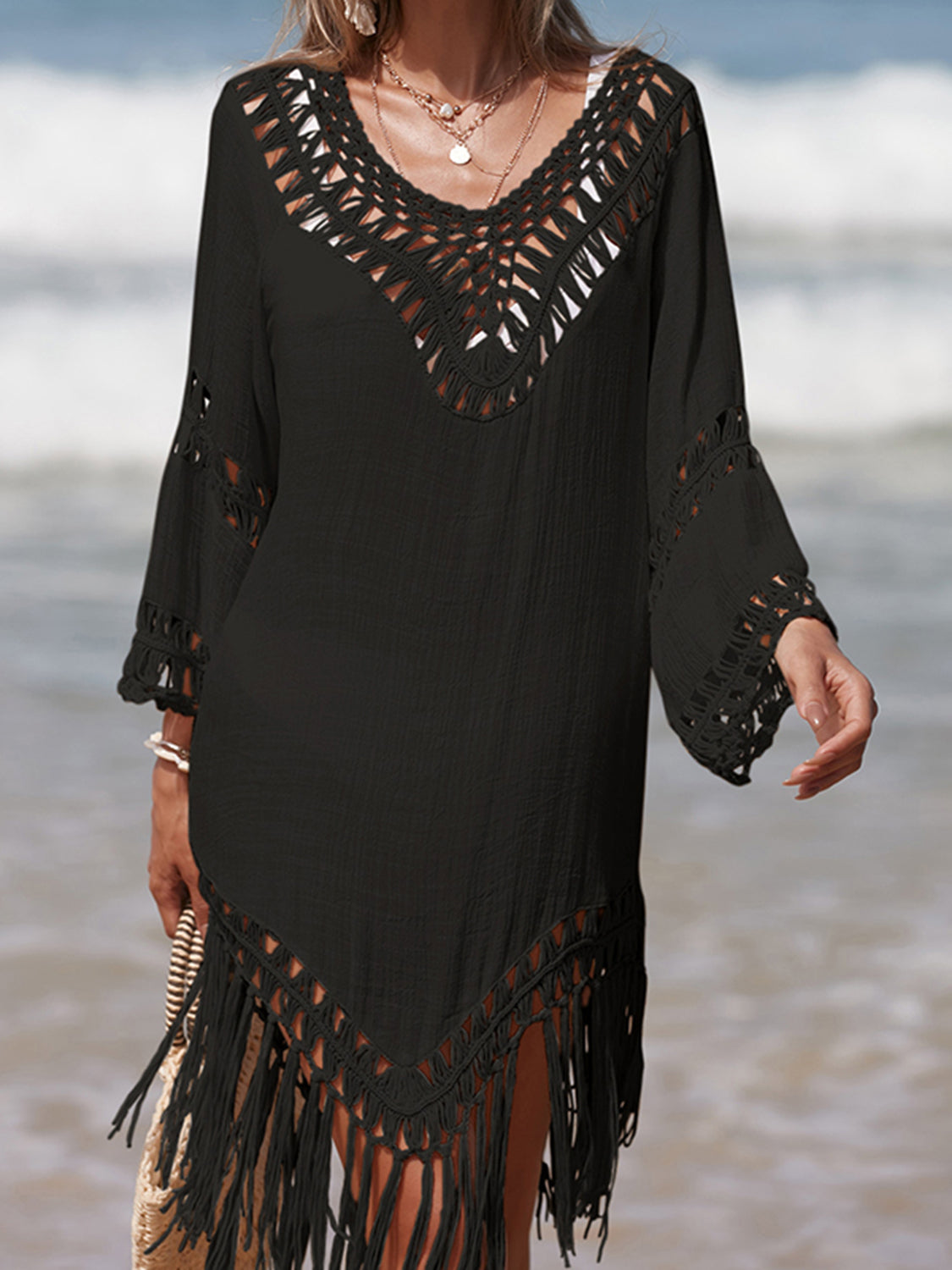 Cutout Fringe Scoop Neck Cover-Up Black One Size