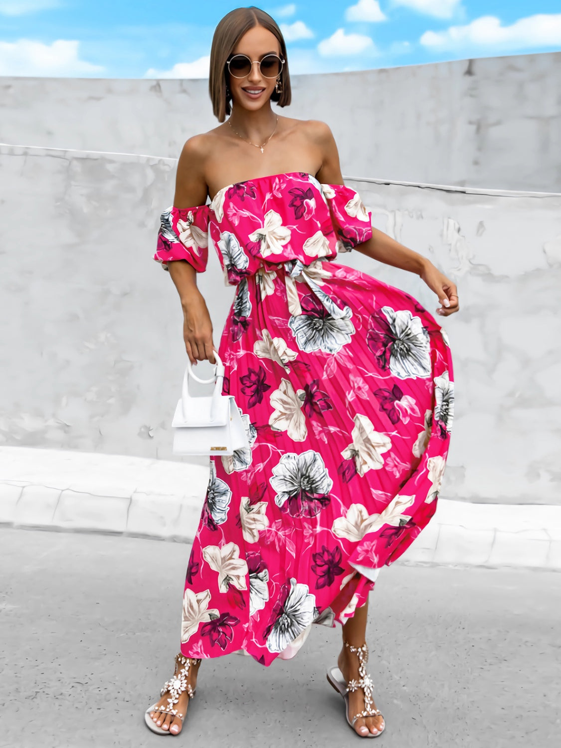 Pleated Floral Off-Shoulder Short Sleeve Midi Dress Hot Pink