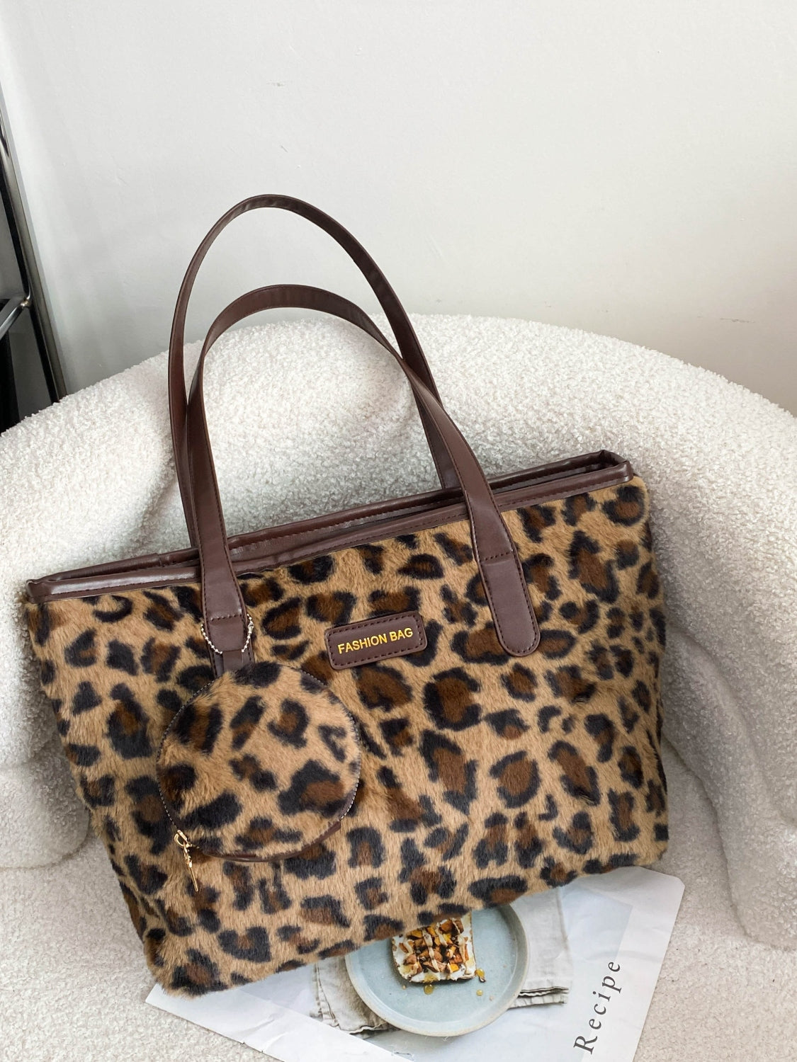 Leopard Faux Fur Tote Bag with Coin Purse Brown One Size