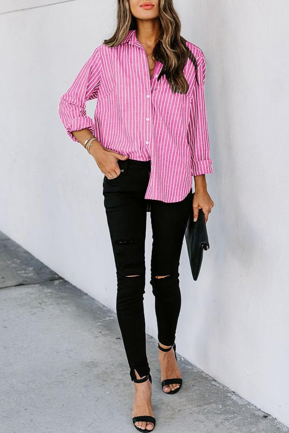 Striped Button Up Long Sleeve Shirt - Thandynie