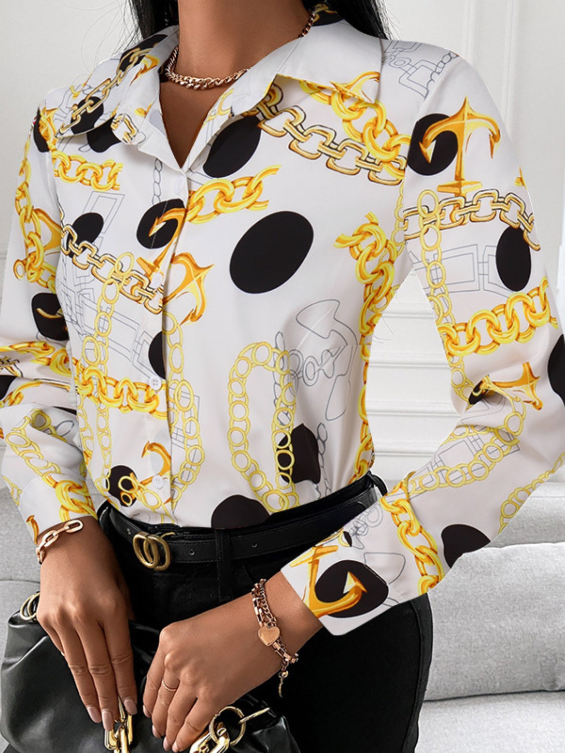 Printed Collared Neck Long Sleeve Shirt White