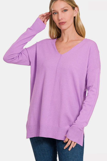 Zenana Slit V-Neck Dropped Shoulder Sweater BLAVENDER