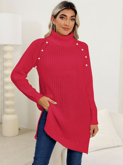 Slit Turtleneck Long Sleeve Sweater Deep Red