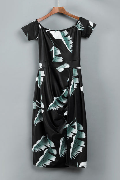 Printed Off-Shoulder Slit Midi Dress Black