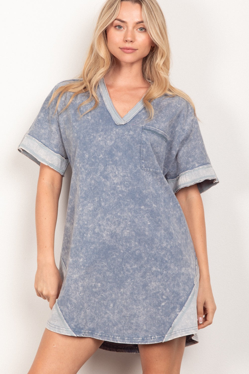 VERY J Short Sleeve V-Neck Tee Dress Denim