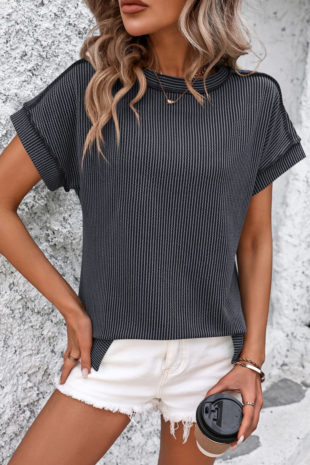 Striped Round Neck Short Sleeve T-Shirt Dark Gray