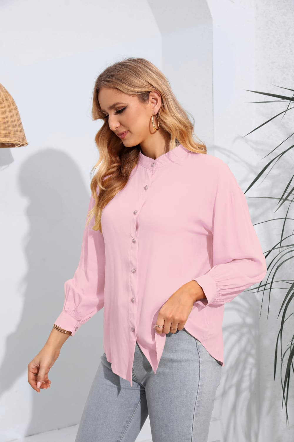 Mock Neck Buttoned Long Sleeve Shirt - Thandynie