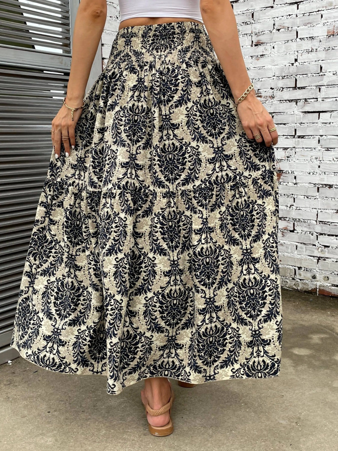 Printed Elastic Waist Maxi Skirt - Thandynie