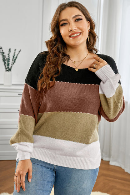 Plus Size Color Block Round Neck Sweater Black