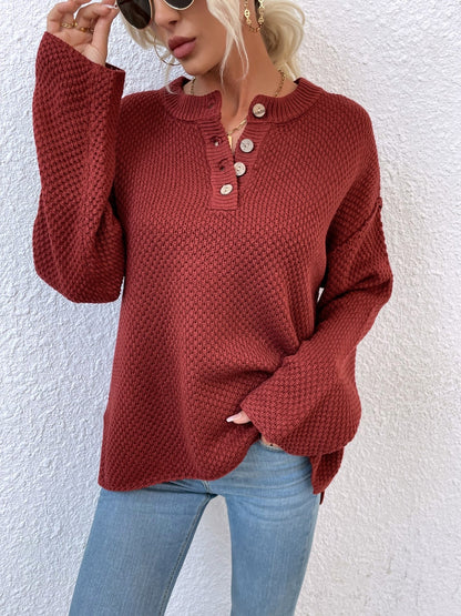 Quarter-Button Slit Sweater Deep Red