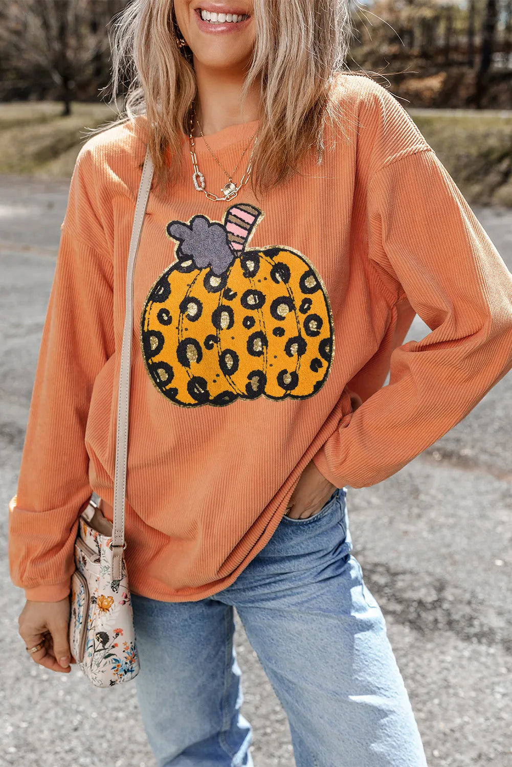 Pumpkin Round Neck Long Sleeve Sweatshirt Sherbet