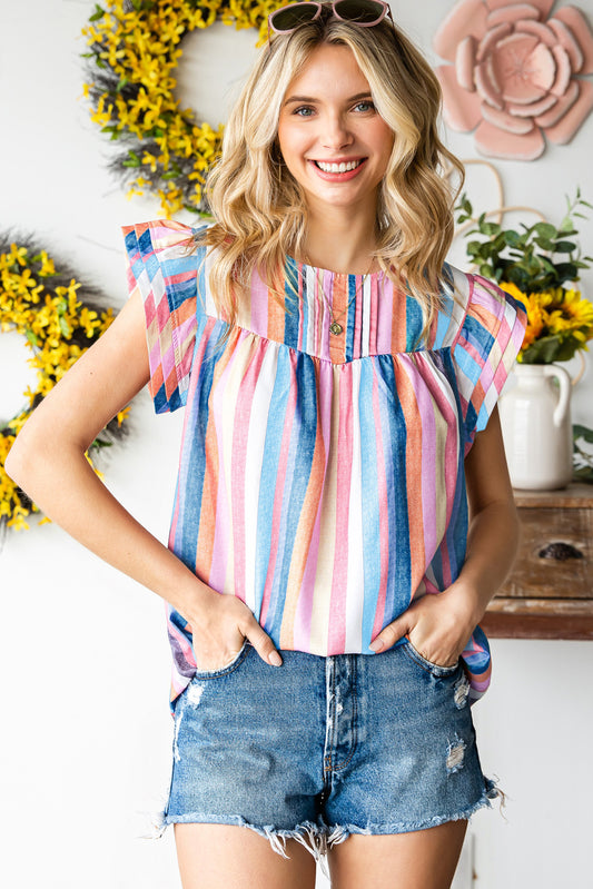 Multicolored Stripe Flutter Sleeve Blouse Pastel Blue