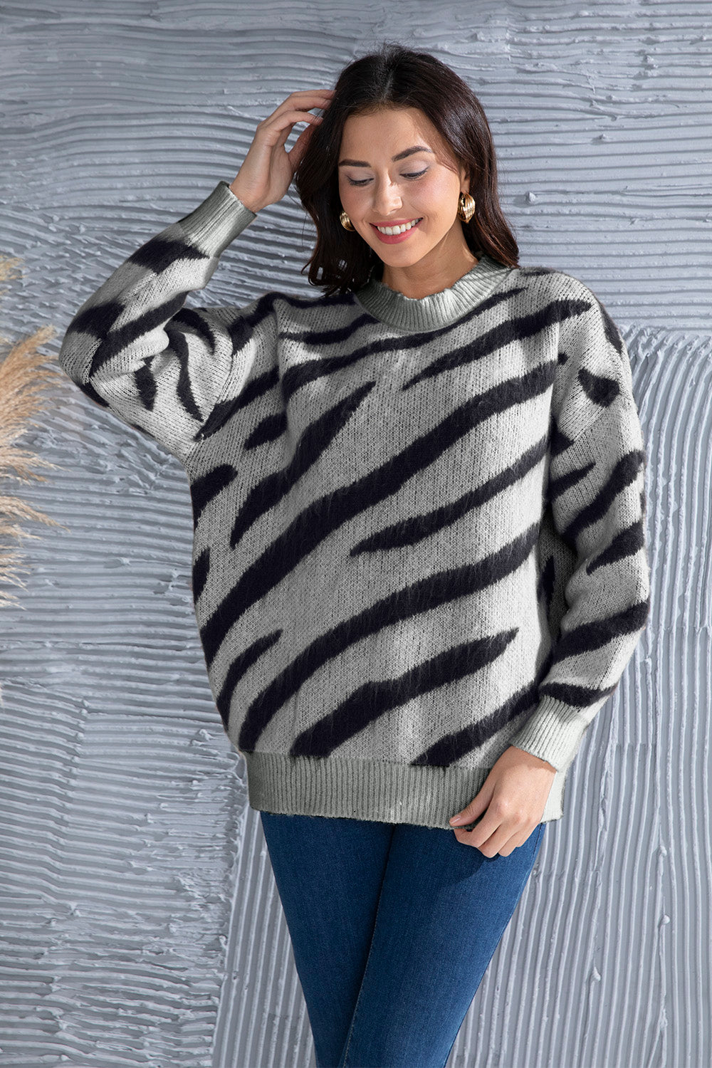 Animal Element Round Neck Dropped Shoulder Sweater Dark Gray