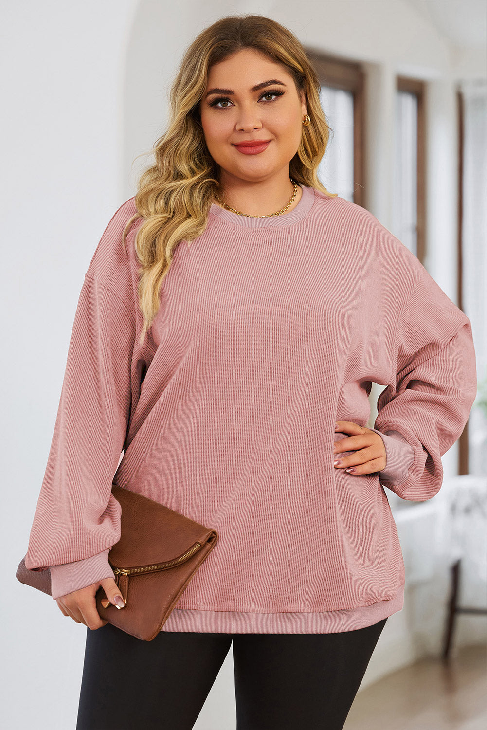 Pink Plus Size Corded Round Neck Sweatshirt