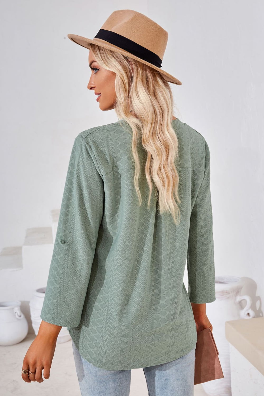 V-Neck Roll-Tap Sleeve Blouse