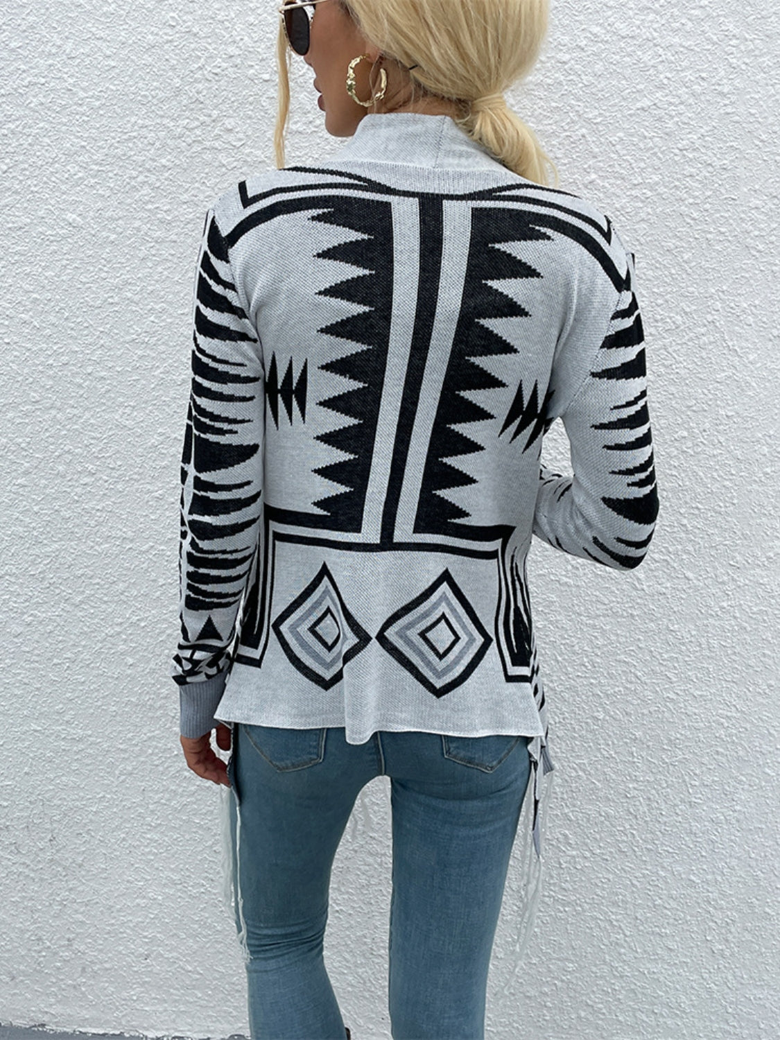 Geometric Fringe Hem Open Front Cardigan - Thandynie