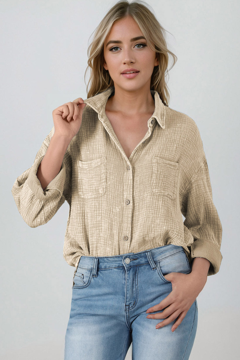 Mineral Wash Crinkle Textured Chest Pockets Shirt