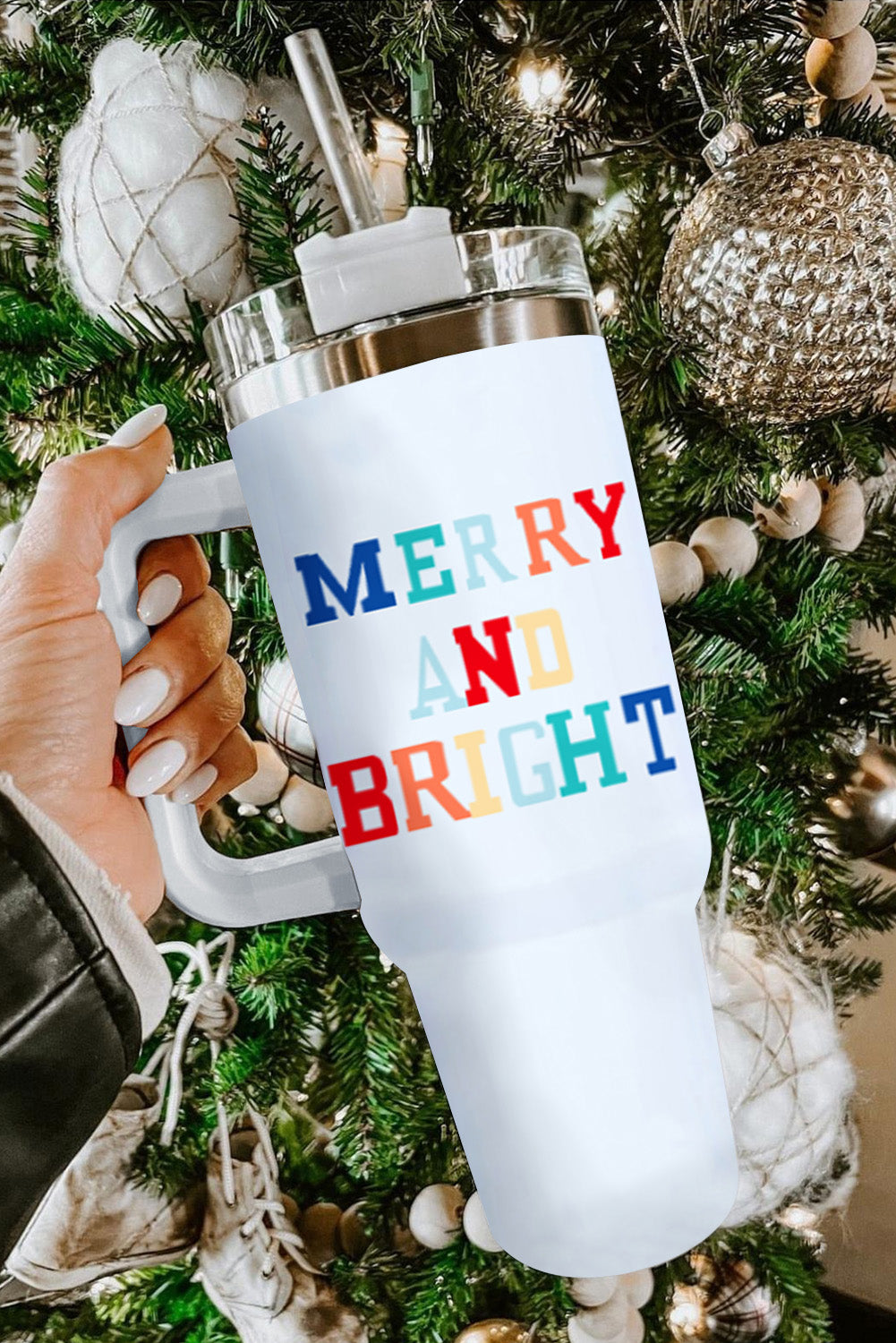 White Colorful MERRY AND BRIGHT Stainless Steel Vacuum Cup 40oz White ONE SIZE 100%Alloy