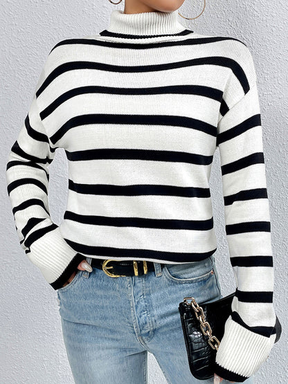 Striped Turtleneck Long Sleeve Sweater – Cozy and Stylish Knitwear for Fall & Winter White